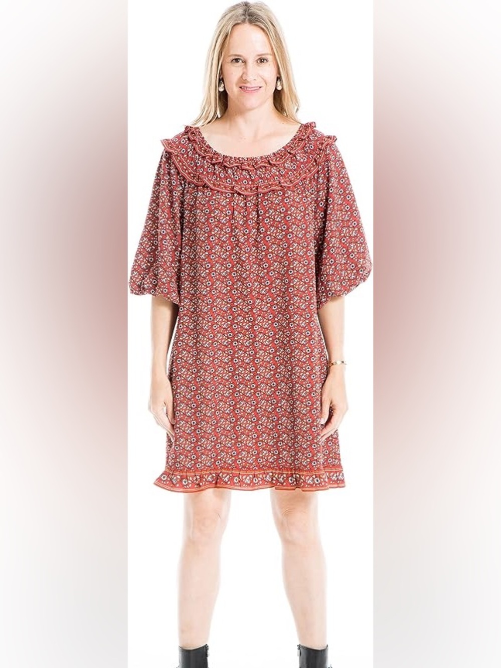 Max Studio | Crepe Smocked Ruffle Sleeves Red Floral Dress